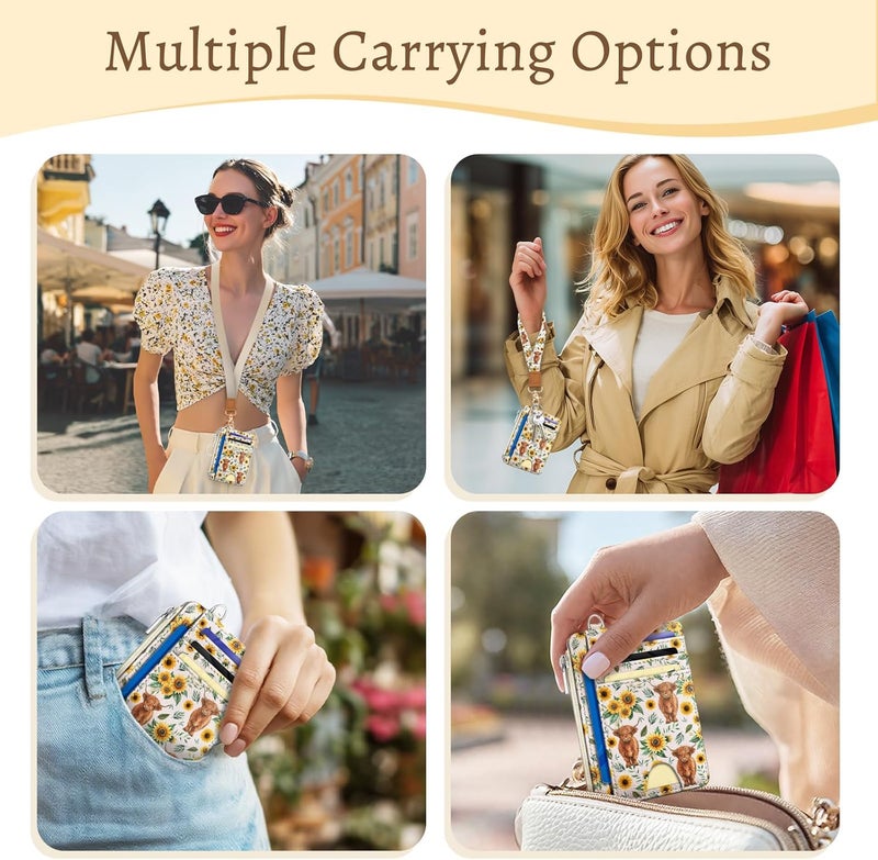 Kelvoris Highland Cow Slim Wallet Women Credit Card Holder, Sunflower Small RFID Blocking Wallet Woman Wristlet Keychain with Zipper Coin Pocket, Front Pocket Thin Travel Wrist Card Case Ladies Gifts - Image 2